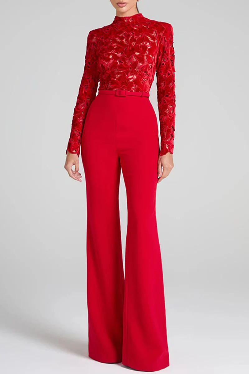 Casual Lace Half A Turtleneck Regular Jumpsuits - Panekey