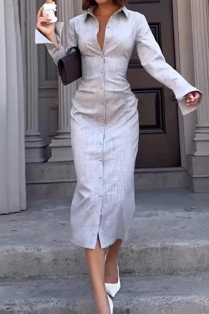 Casual Buckle Turndown Collar Shirt Dresses - Panekey