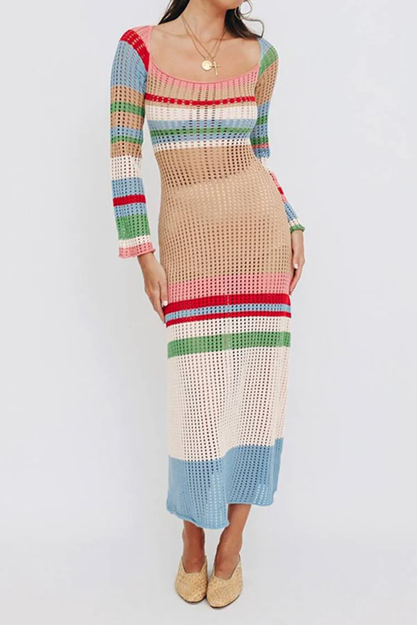 Casual Elegant Patchwork Hollowed Out Contrast U Neck Dresses - Panekey