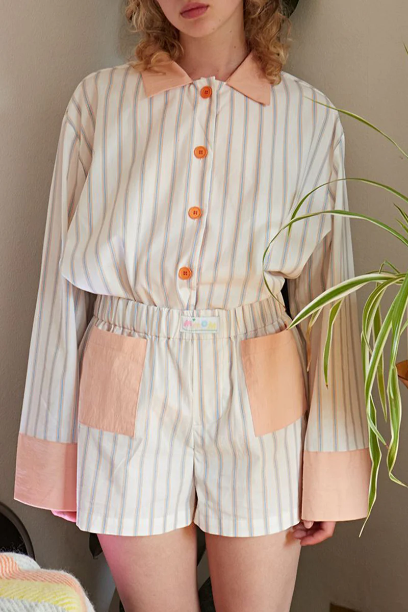 Casual Daily Stripe Patchwork Contrast Turndown Collar Long Sleeve Two Pieces - Panekey