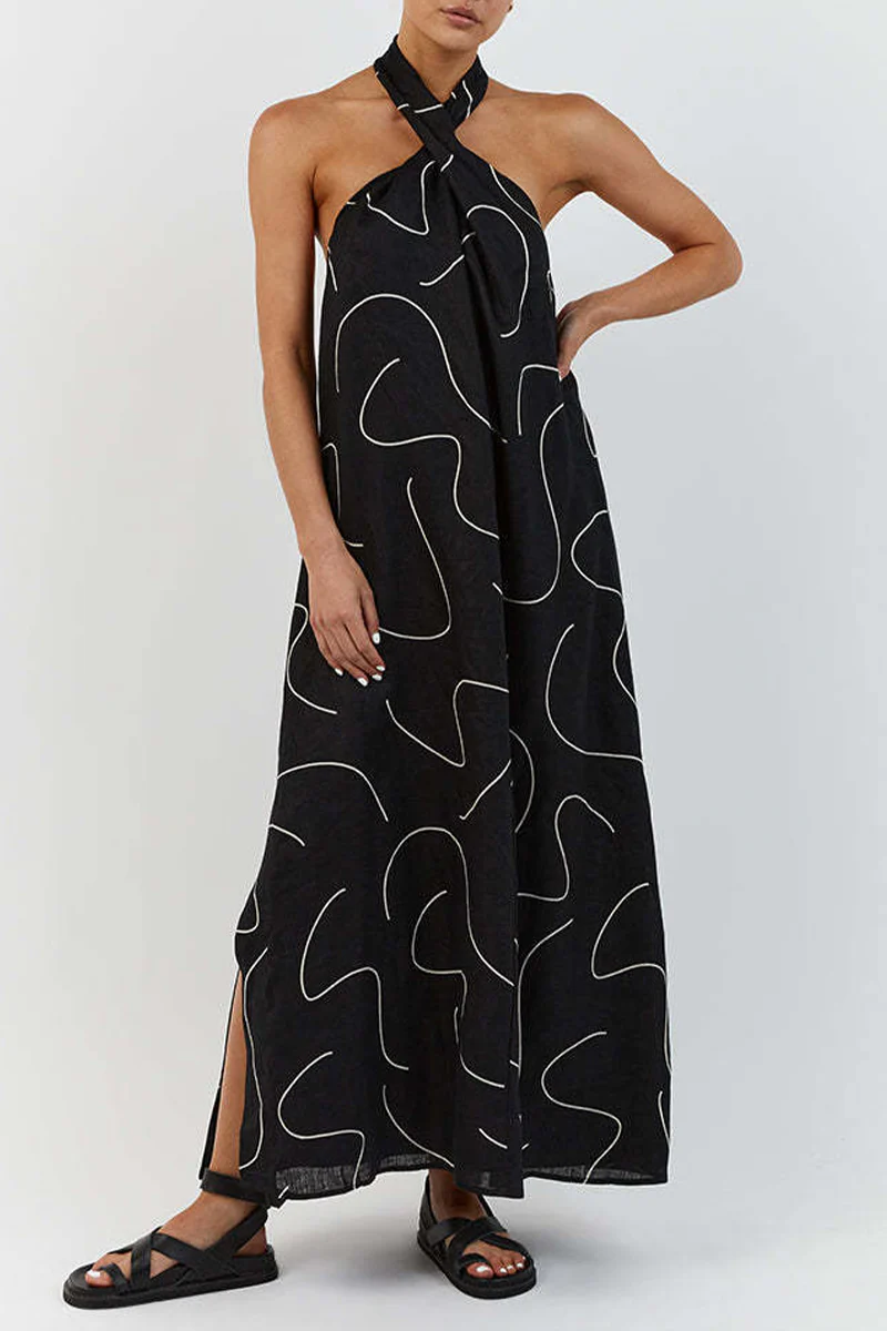 Casual Geometric Print Frenulum Halter Sleeveless Dress Dresses - Panekey