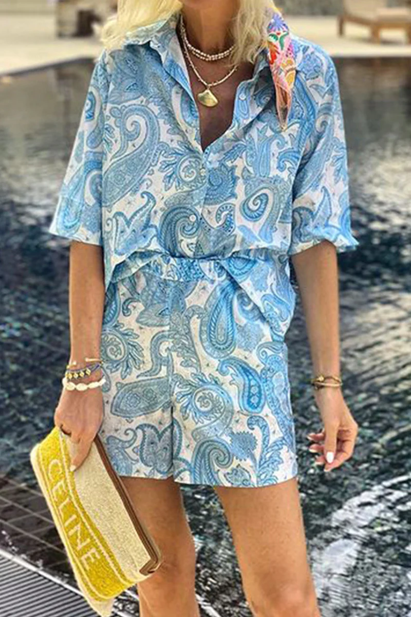 Casual Daily Floral Print Pocket Turndown Collar Short Sleeve Two Pieces - Panekey