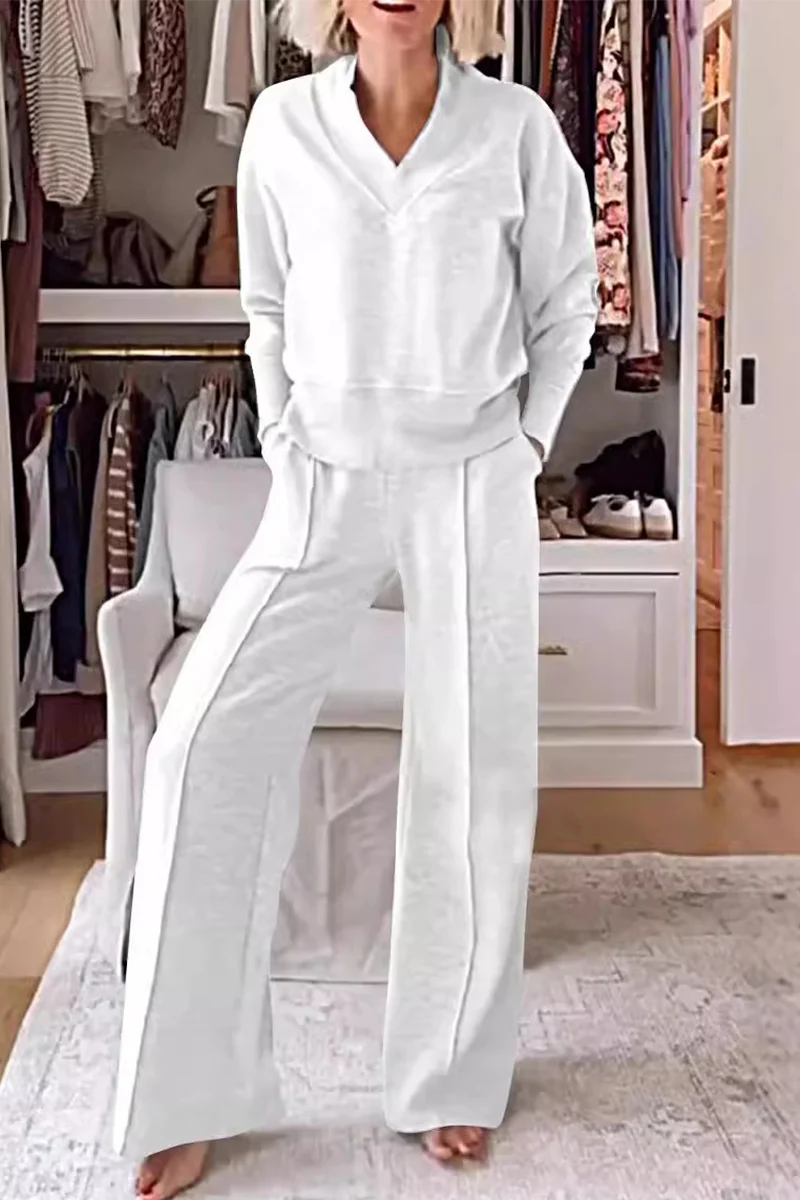 Casual Pocket Patchwork V Neck Long Sleeve Two Pieces(7 Colors) - Panekey