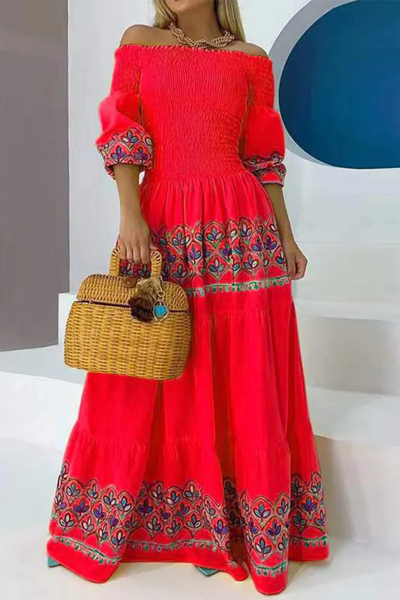 Bohemian Geometric Print Off the Shoulder Printed Dress Dresses - Panekey