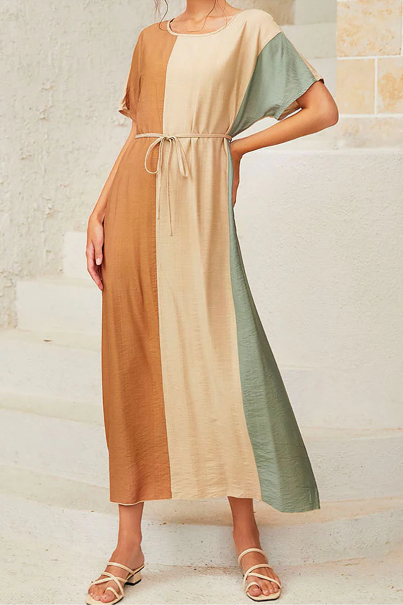 Casual Color Lump With Belt  Contrast O Neck Dresses - Panekey