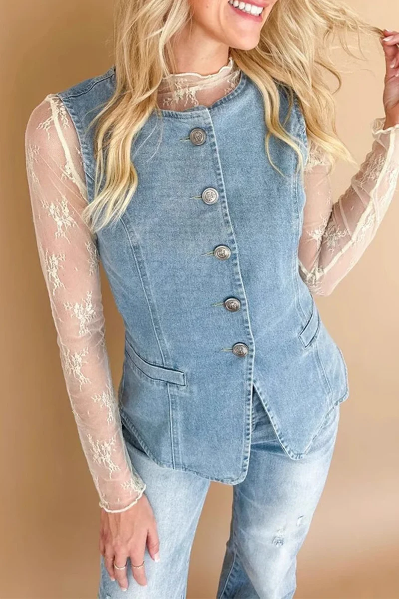 Casual Daily Buttons O Neck Sleeveless Regular Denim Jacket - Panekey