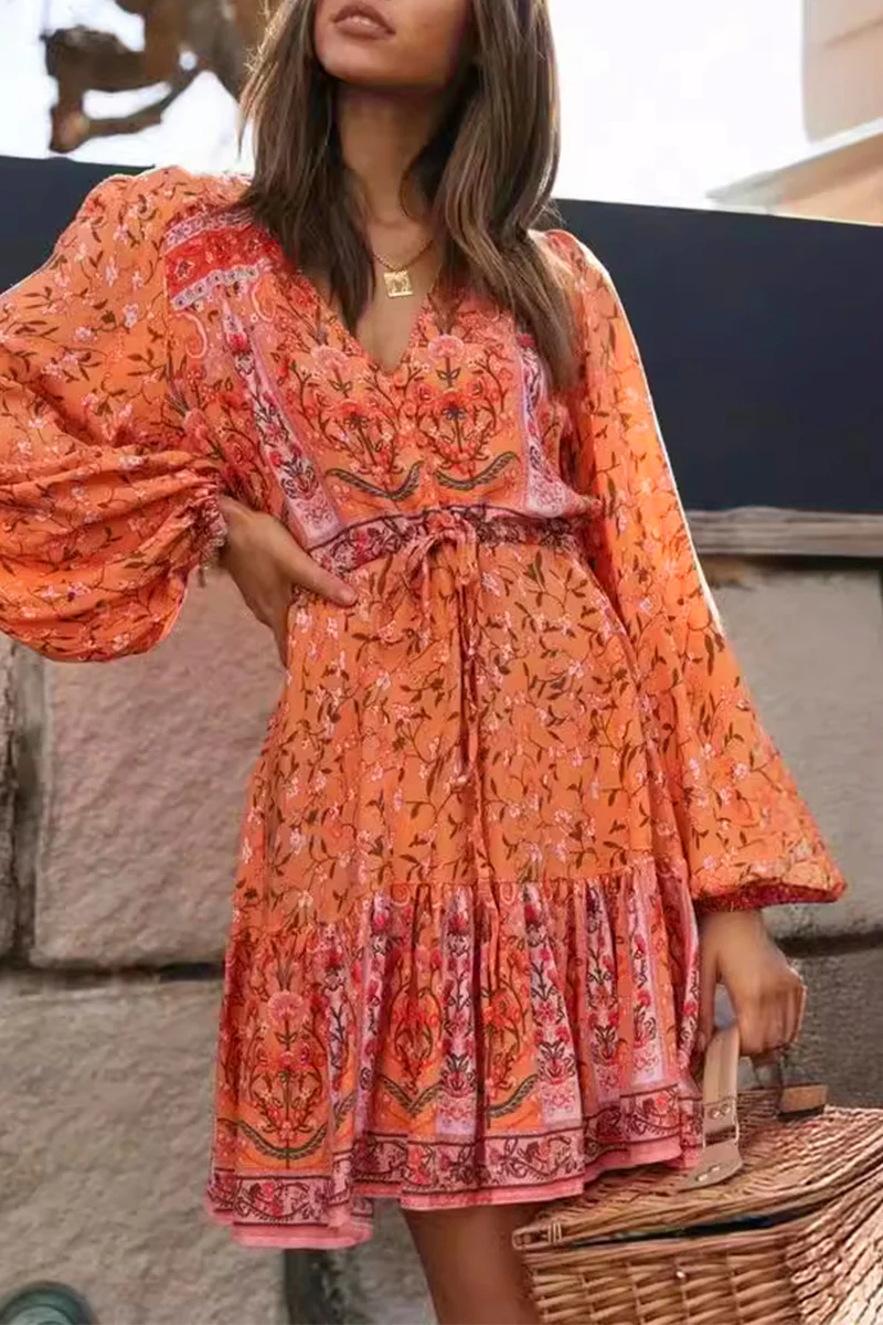 Casual Floral Print Lace Up V Neck A Line Dresses - Panekey