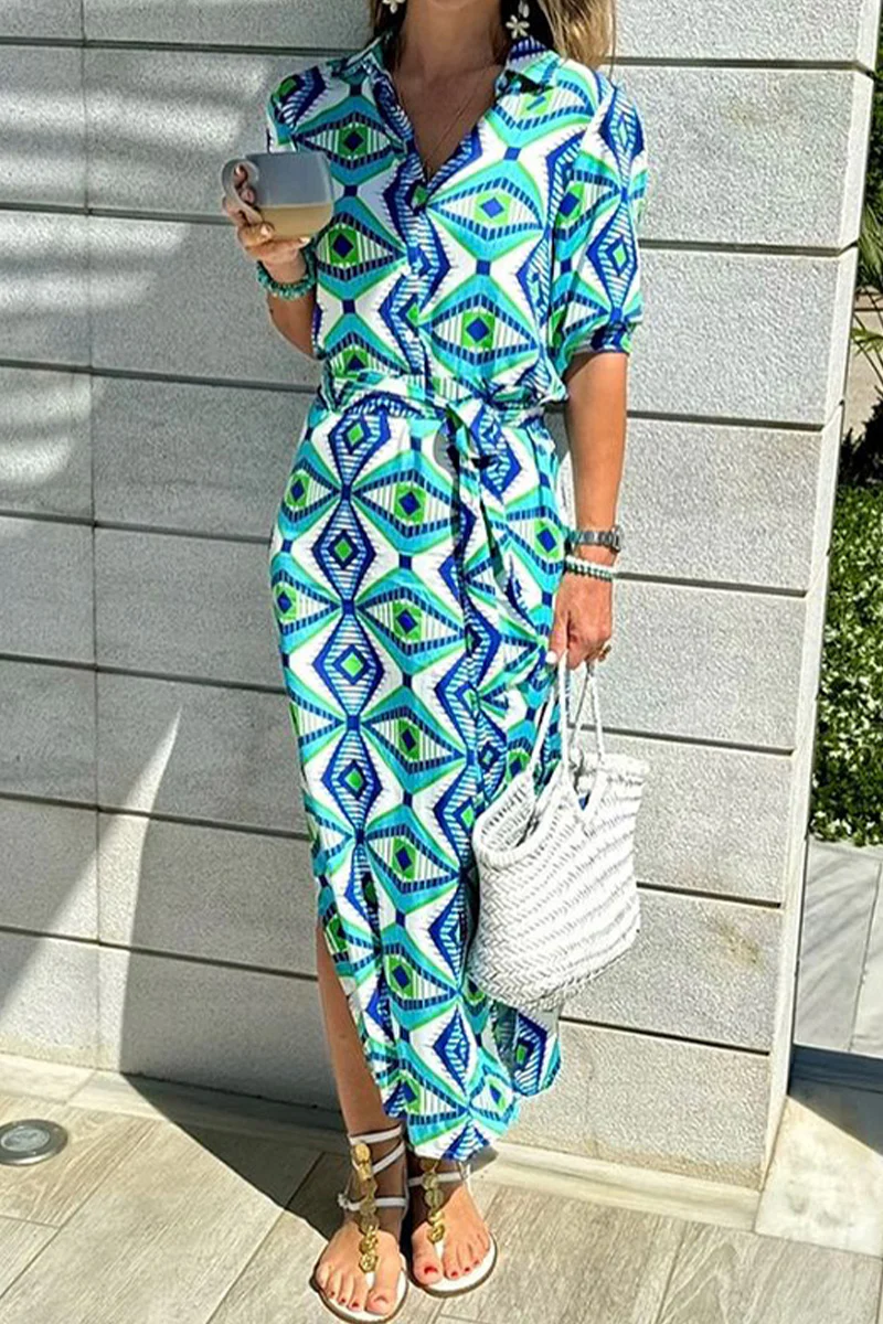 Casual Geometric Print Lace Up Slit Contrast Turndown Collar Shirt Dresses - Panekey