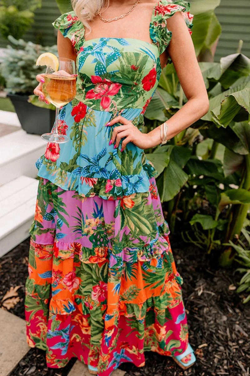 Casual Floral Print Patchwork Backless Square Neck Long Dresses - Panekey