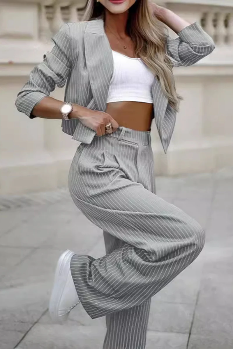 Casual British Style Striped Pocket Turn-back Collar Long Sleeve Two Pieces - Panekey