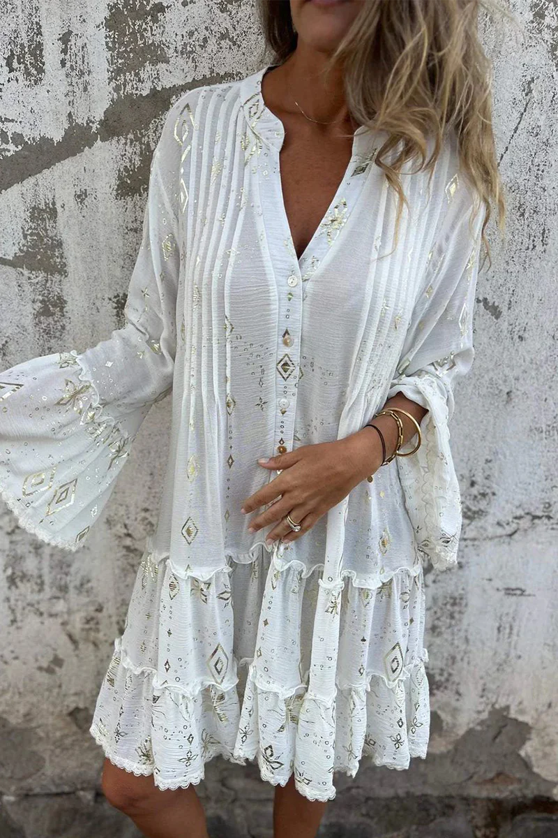 Casual Bronzing Pattern Patchwork Ruffle Contrast Button Collar A Line Dresses - Panekey