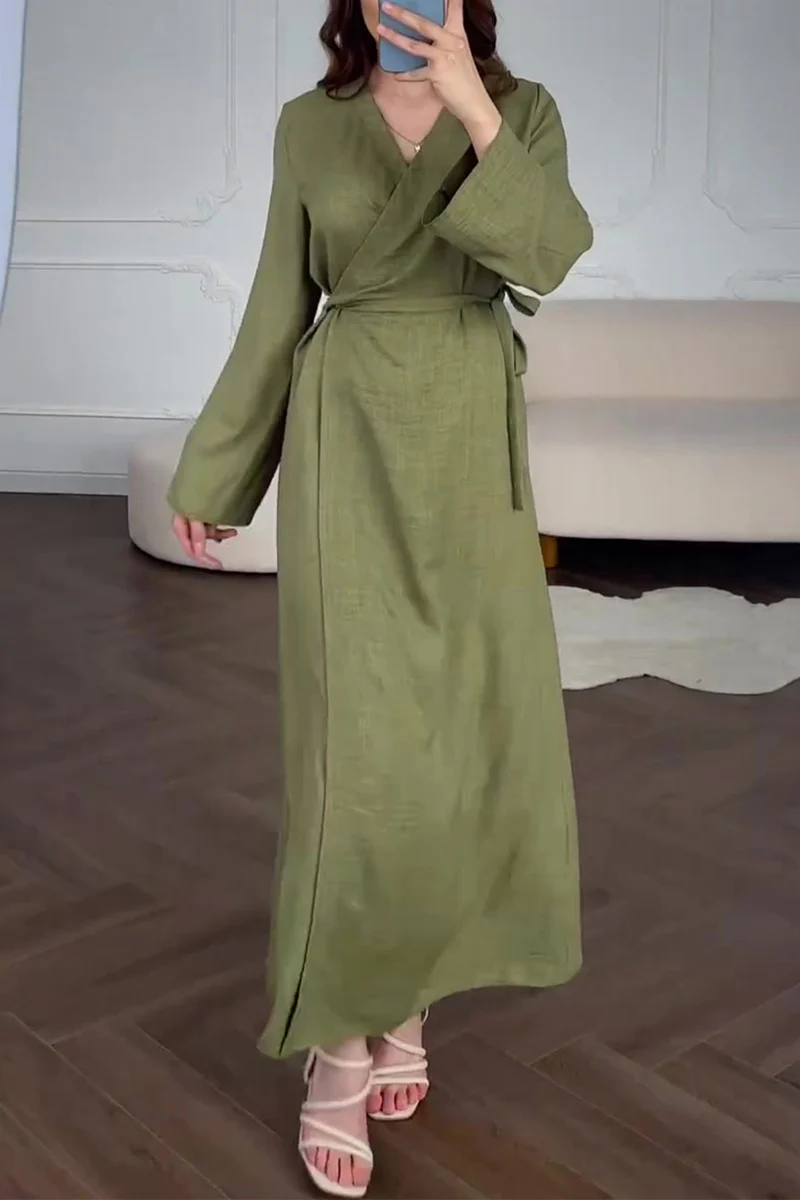 Casual Daily Solid Color Lace Up V Neck A Line Dresses - Panekey