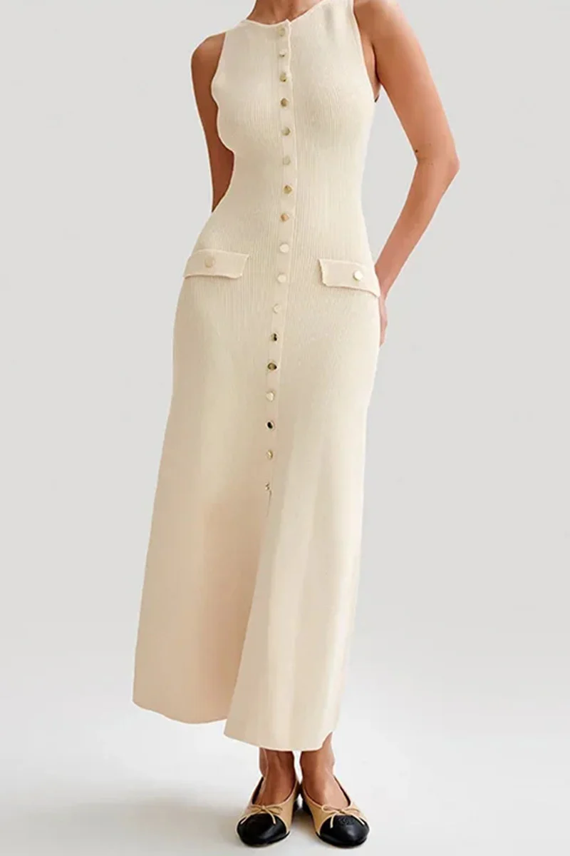 Casual Daily Solid Color Buckle O Neck Sleeveless Dresses - Panekey