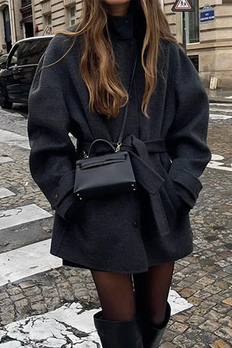 Casual Lace Up Buttons Gross Mandarin Collar Outerwear - Panekey