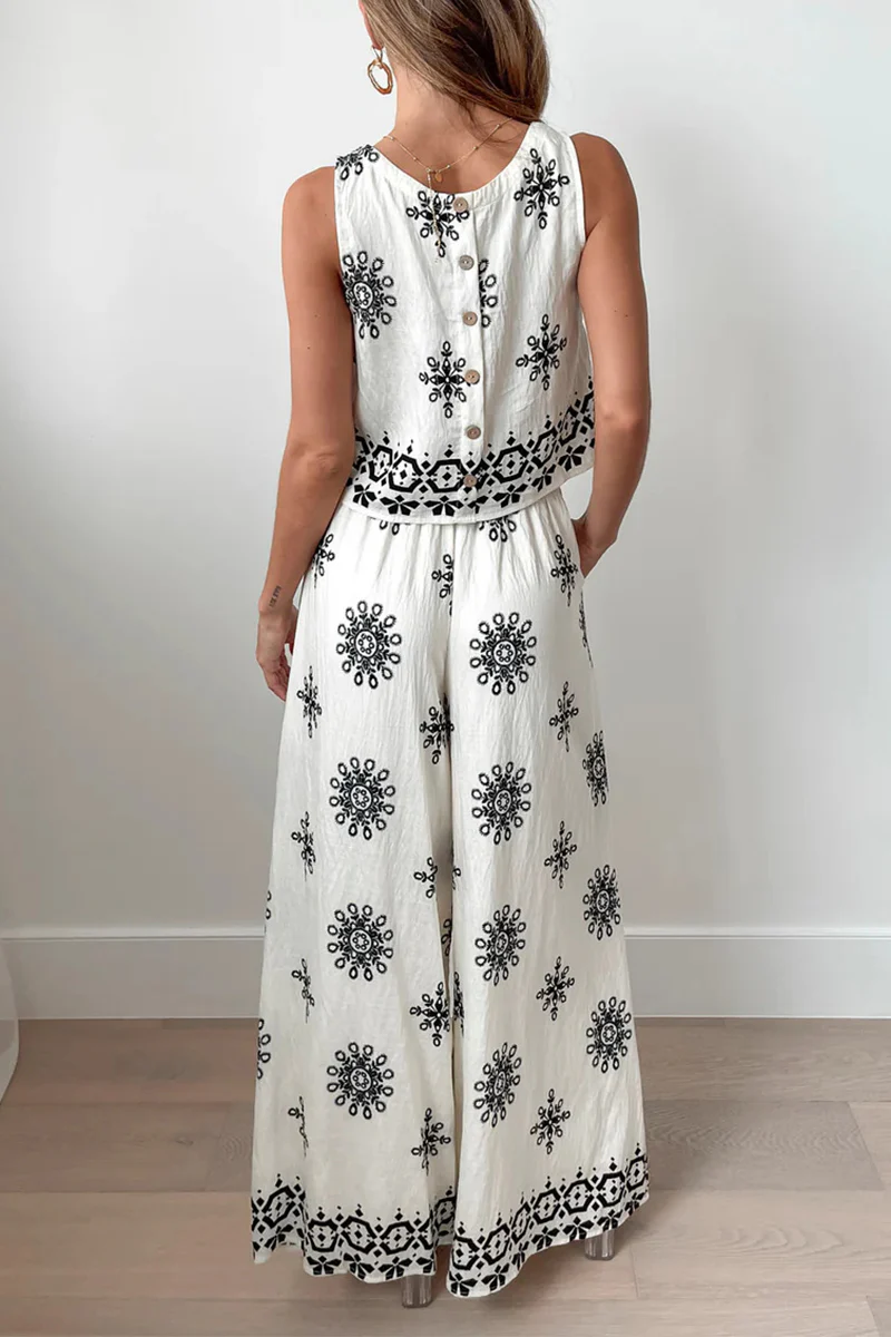 Casual Geometric Print Lace Up O Neck Sleeveless Two Pieces - Panekey