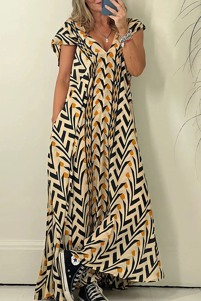 Bohemian Vintage Geometric Pocket Printing V Neck Printed Dress Dresses - Panekey