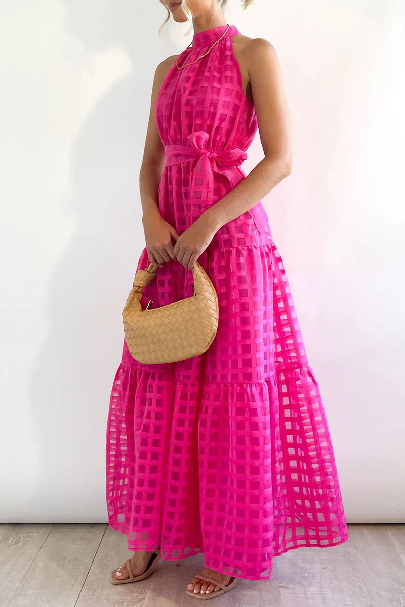 Bohemian College Plaid Frenulum See-through Halter A Line Dresses - Panekey