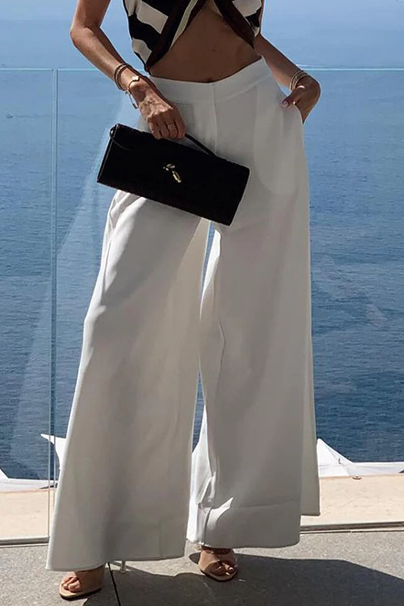 Casual Daily Solid Color Pocket Loose Mid Waist Straight Solid Color Bottoms - Panekey