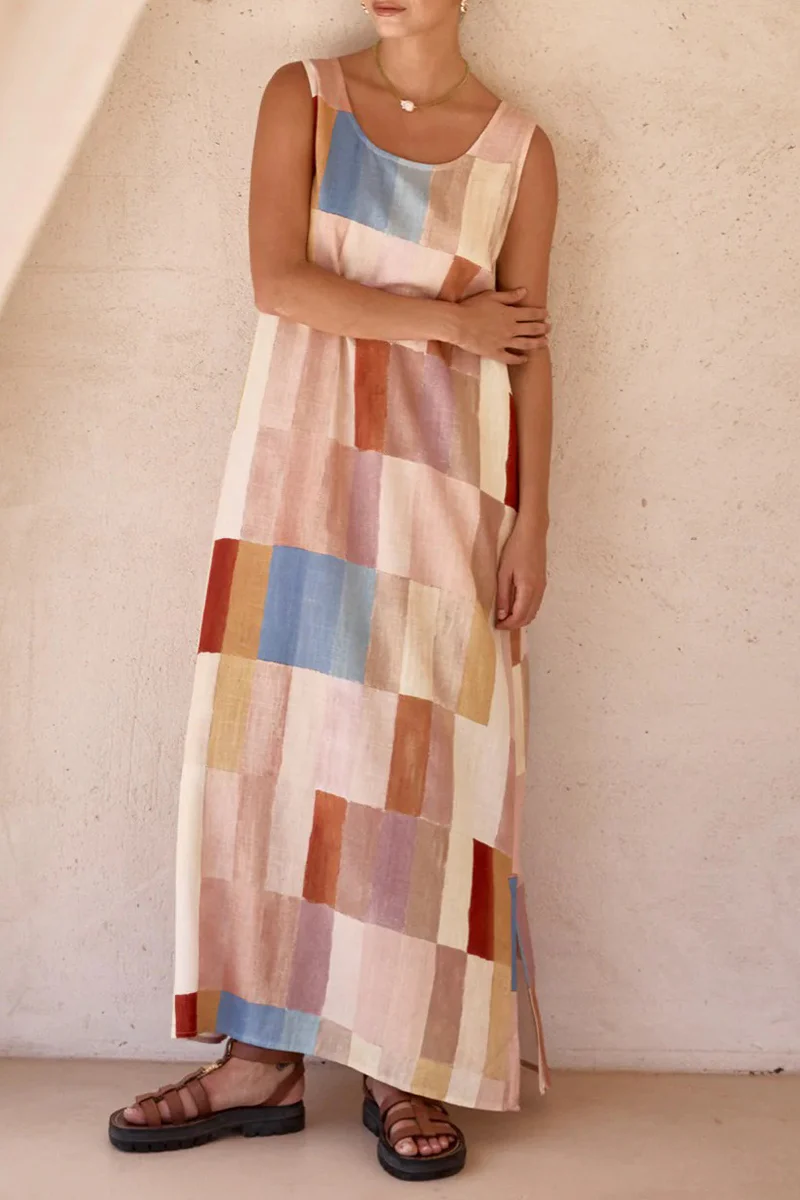 Casual Plaid Cardigan U Neck Sleeveless Dresses - Panekey