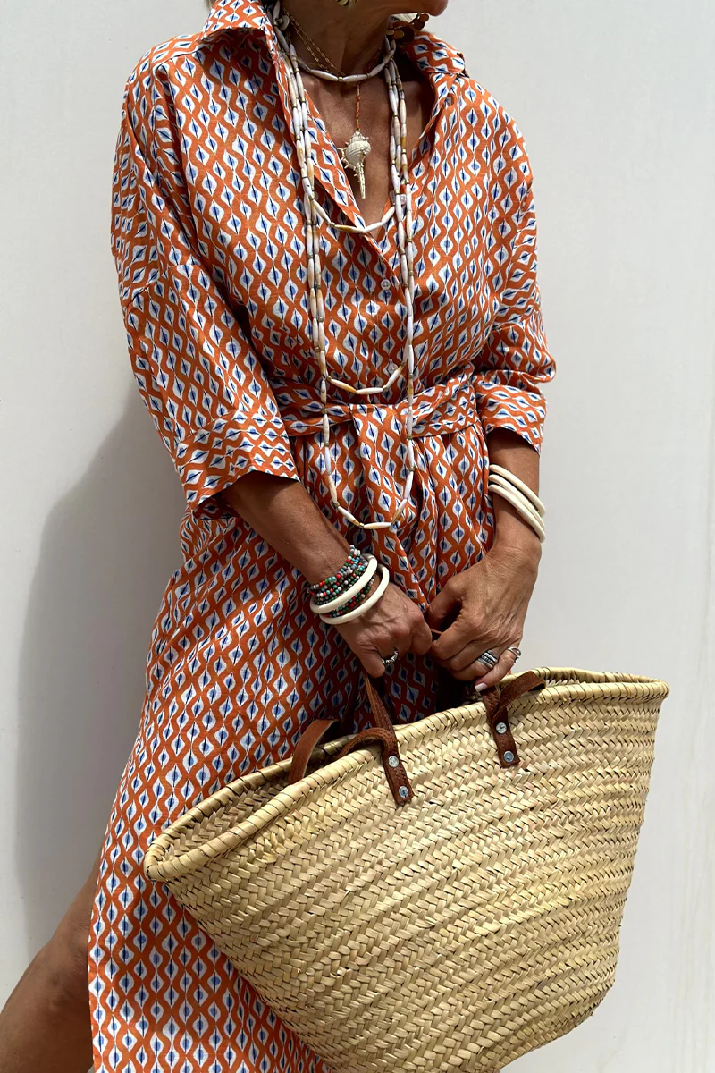 Casual Geometric Print Lace Up Buttons Turndown Collar Shirt Dresses(5 Colors) - Panekey