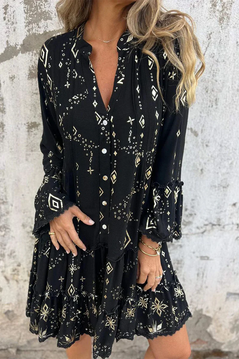 Casual Bronzing Pattern Patchwork Ruffle Contrast Button Collar A Line Dresses - Panekey