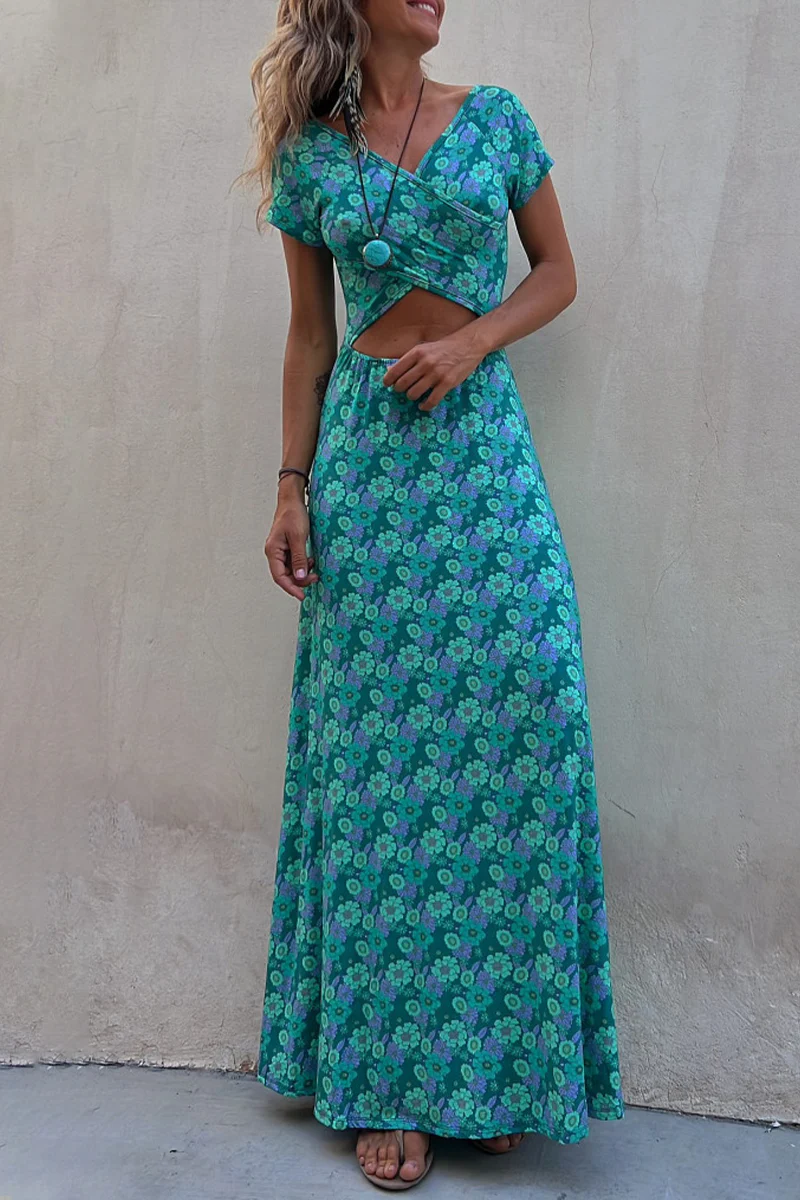 Casual Elegant Print Patchwork V Neck A Line Short Sleeve Dress - Panekey