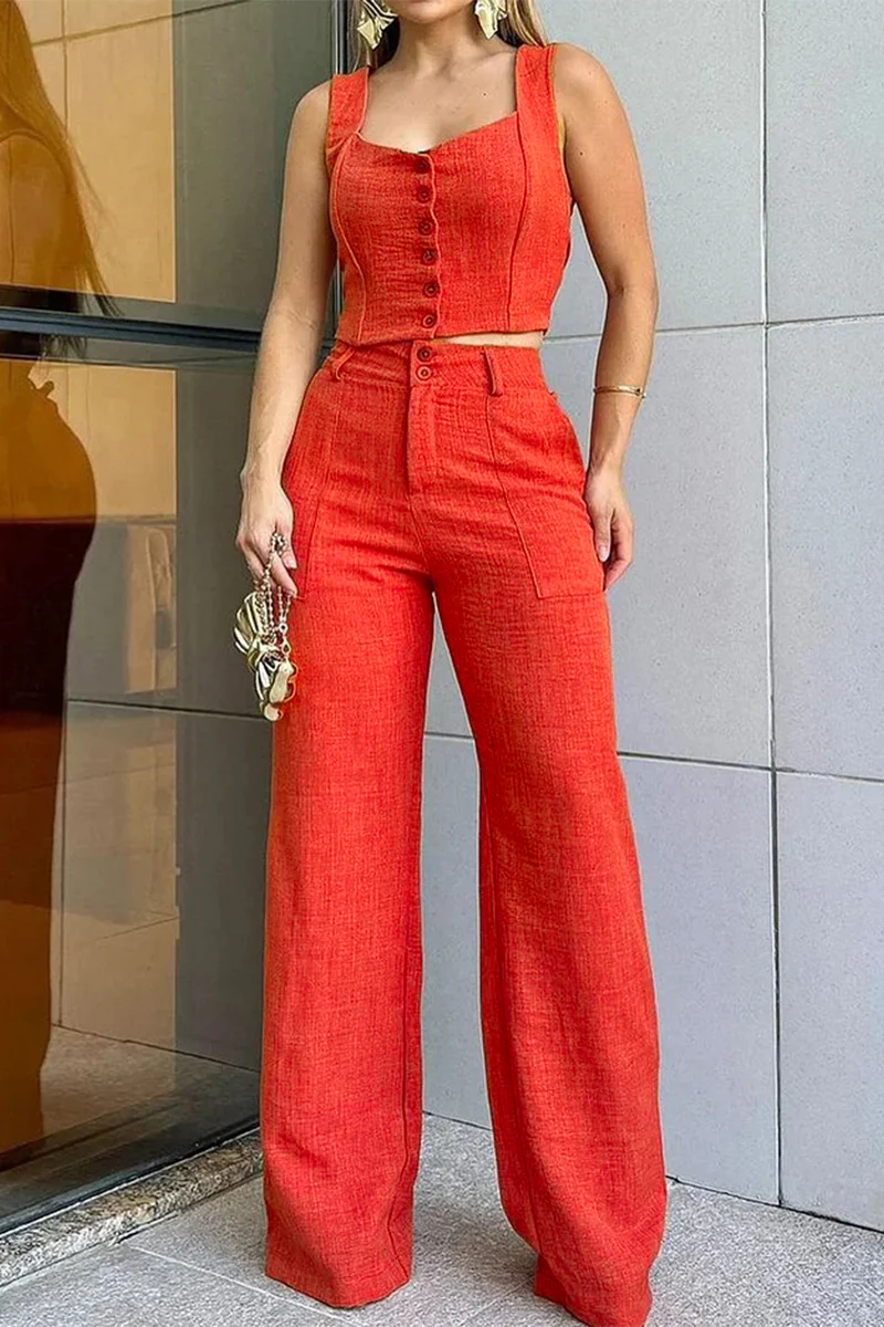 Casual Daily Buttons Square Neck Sleeveless Two Pieces - Panekey