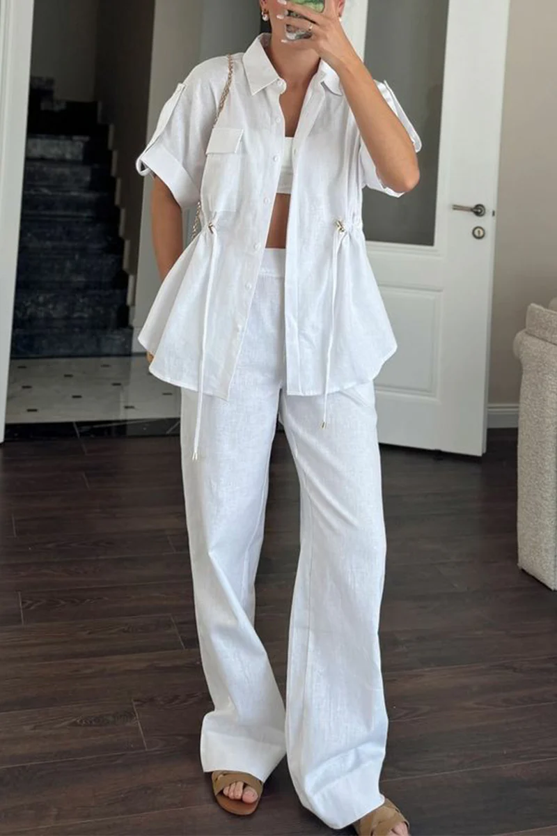 Casual Daily Solid Color Draw String Pocket Turndown Collar Short Sleeve Two Pieces(3 Colors) - Panekey