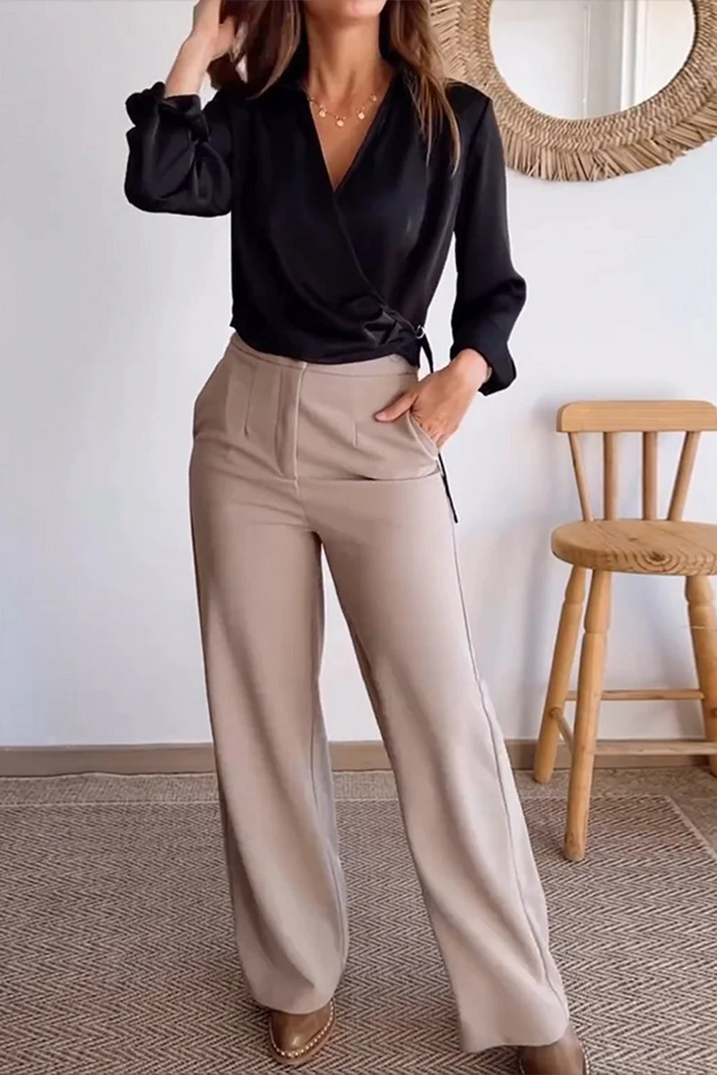 Casual Daily Pocket Buttons V Neck Long Sleeve Two Pieces - Panekey