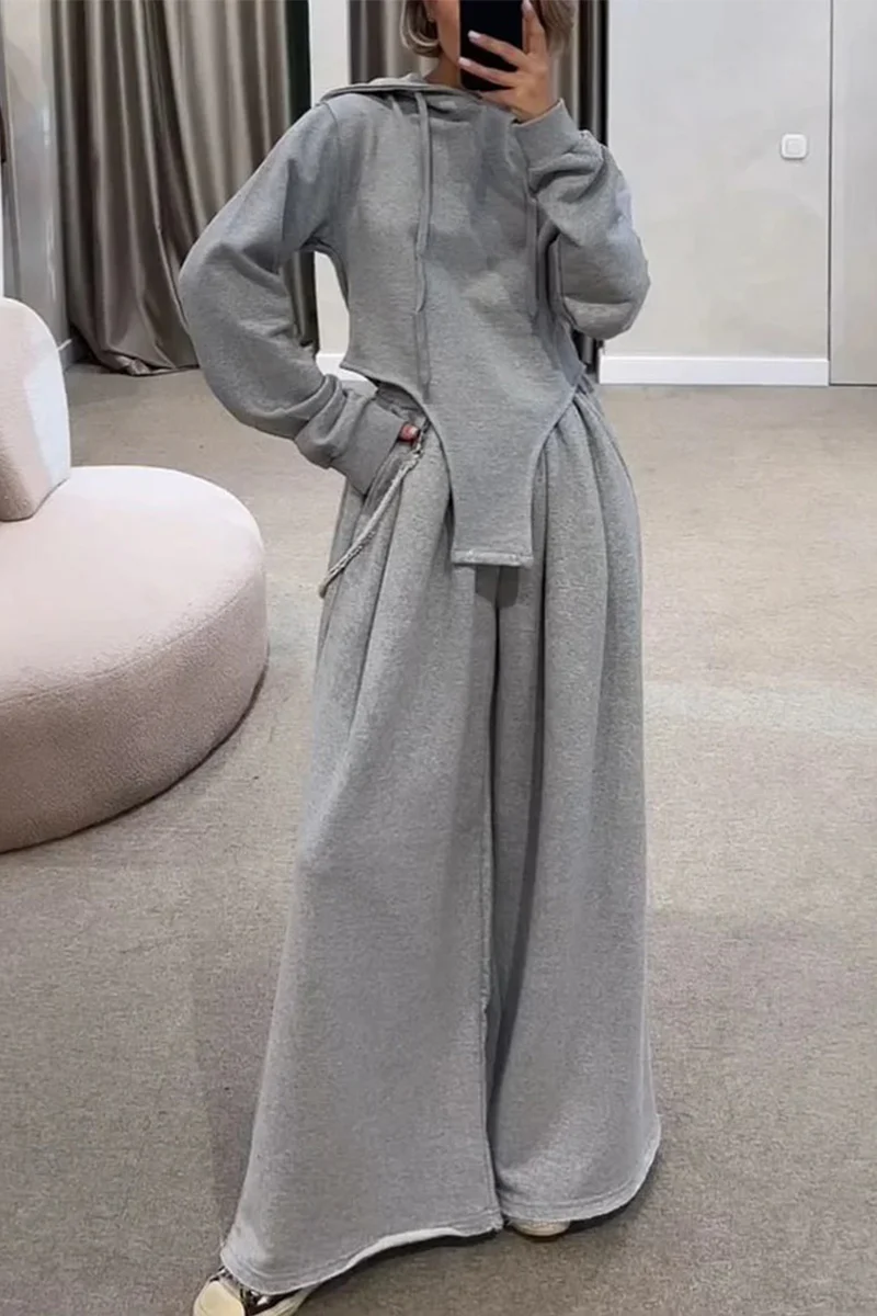 Casual Draw String Pocket Hooded Long Sleeve Two Pieces - Panekey