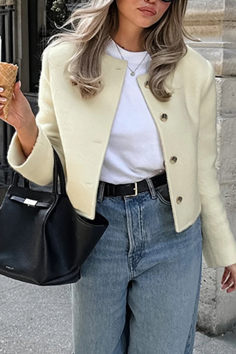 Casual Daily Solid Color Buttons O Neck Outerwear - Panekey