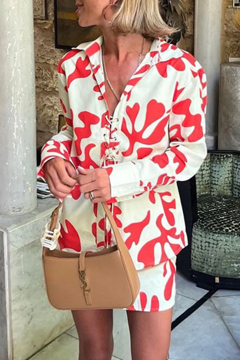 Casual Floral Patchwork Turndown Collar Long Sleeve Two Pieces - Panekey