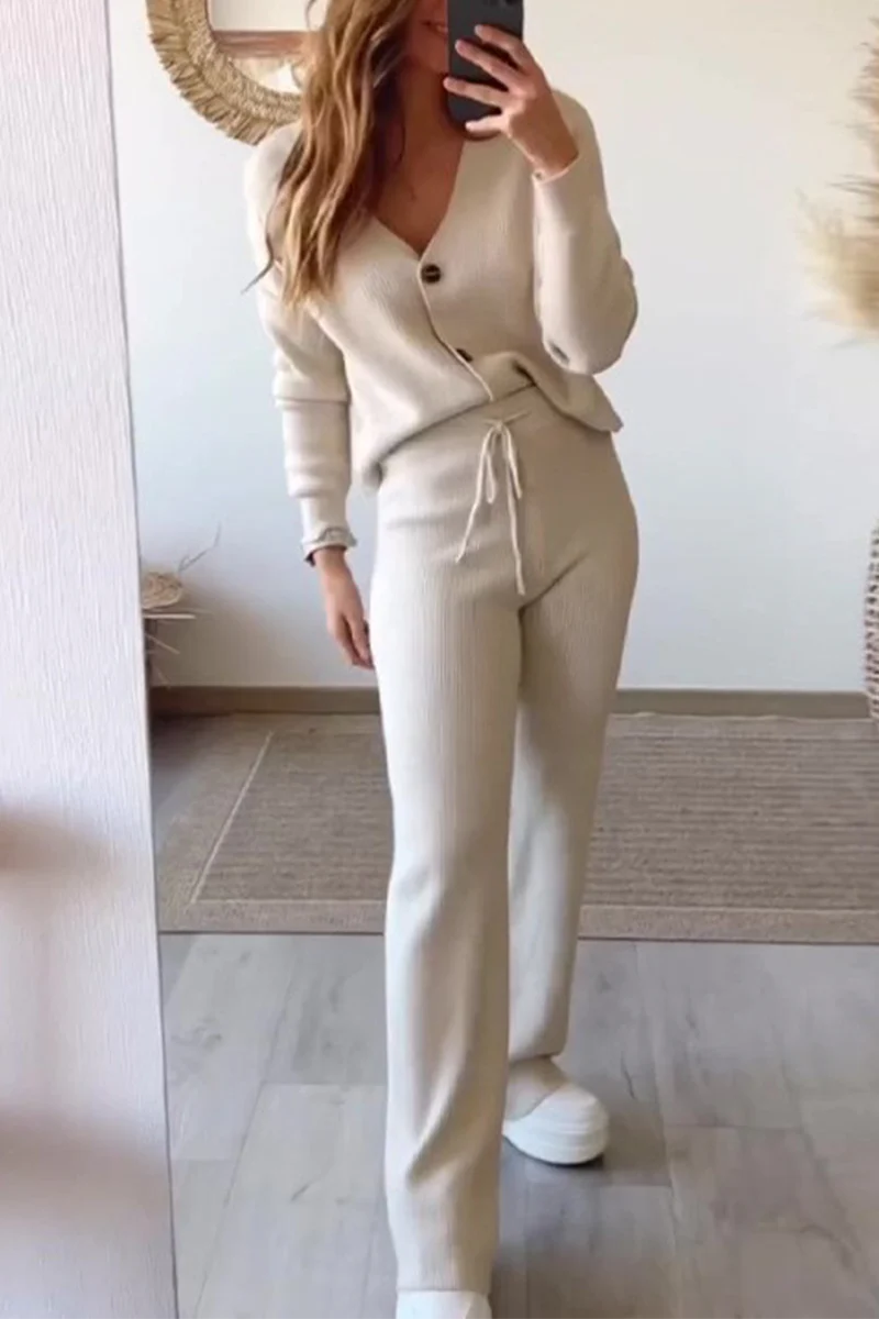 Casual Daily Solid Color Draw String Buttons V Neck Long Sleeve Two Pieces - Panekey