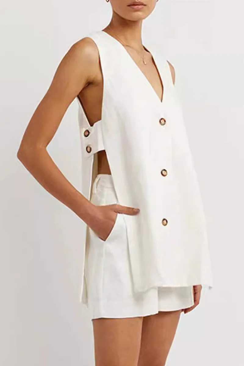 Casual British Style Solid Pocket Buckle V Neck Sleeveless Two Pieces(3 Colors) - Panekey