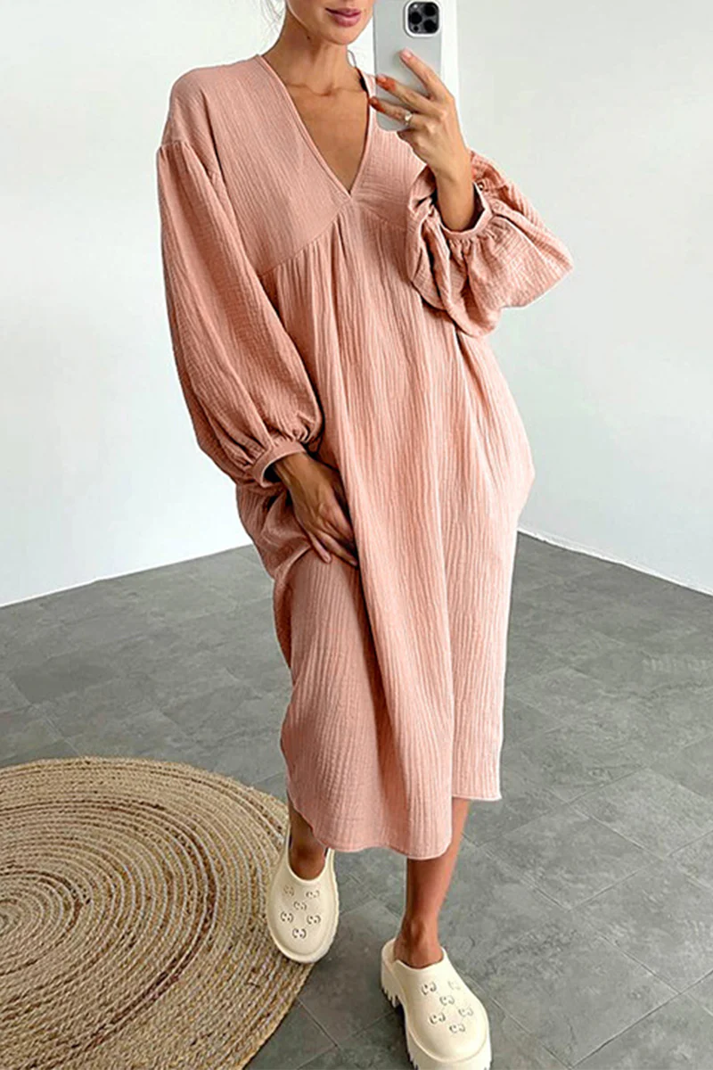 Casual Living Solid Pocket V Neck Long Sleeve Dresses - Panekey