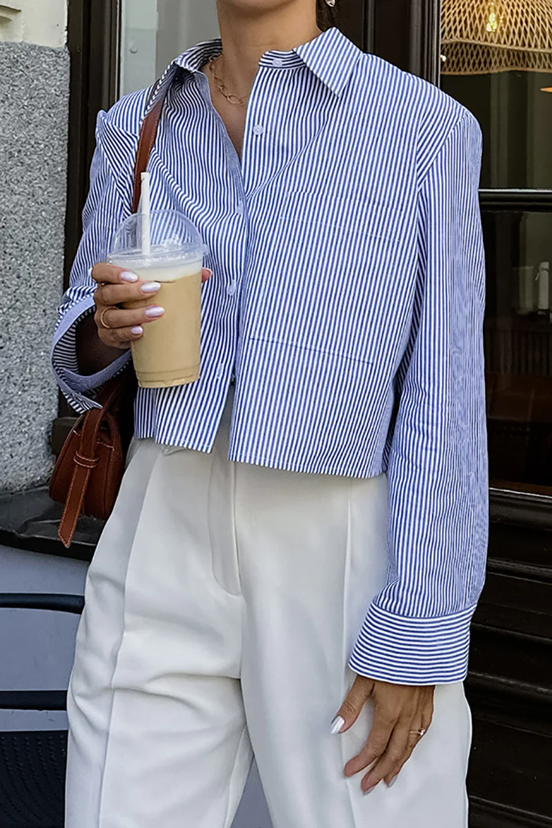 British Style Elegant Striped Patchwork Turndown Collar Tops - Panekey