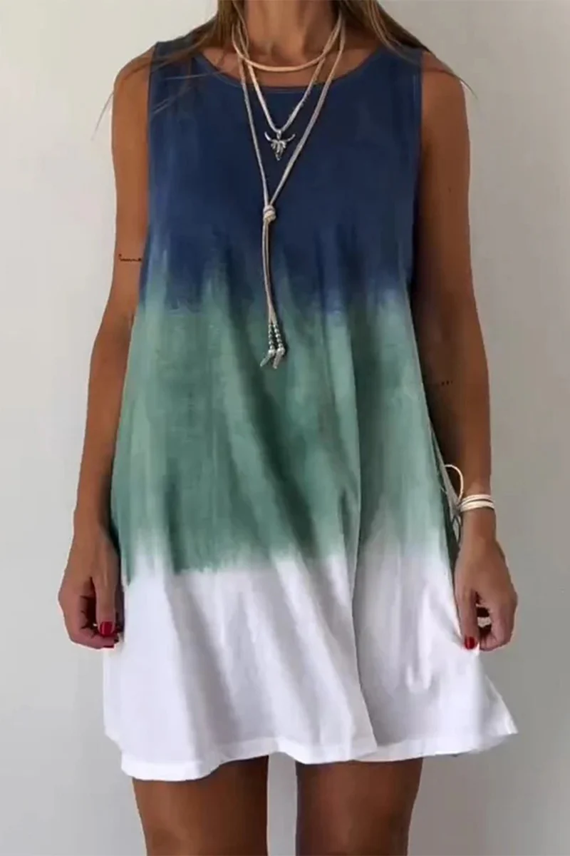 Casual Gradient Print Tie Dye Contrast O Neck Sleeveless Dresses - Panekey