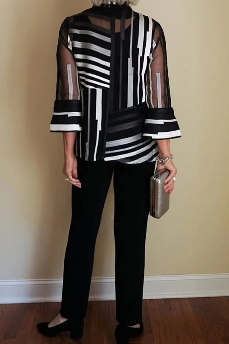 British Style Striped Print Patchwork Turndown Collar Nine Points Sleeve Two Pieces - Panekey