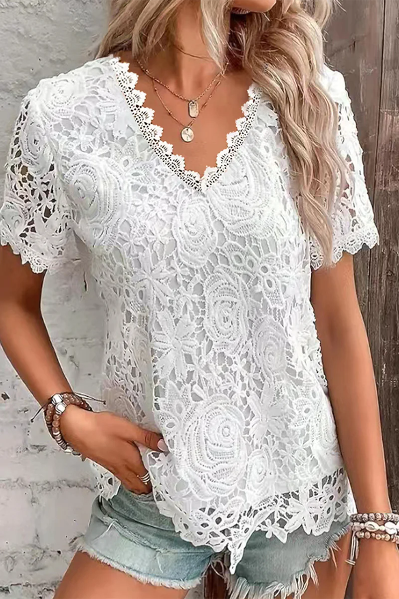 Casual Daily Solid Color Lace V Neck T-Shirts(5 Colors) - Panekey