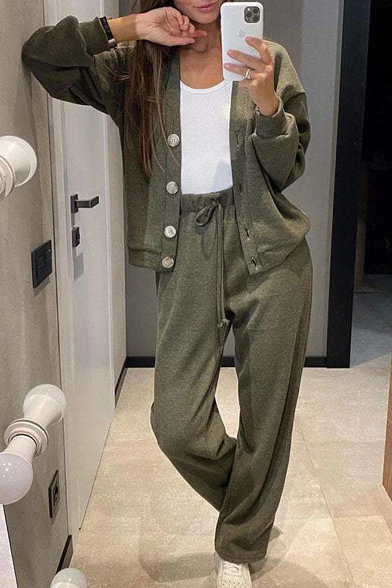 Casual Daily Solid Color Pocket Lace Up Buttons V Neck Long Sleeve Two Pieces(5 Colors) - Panekey