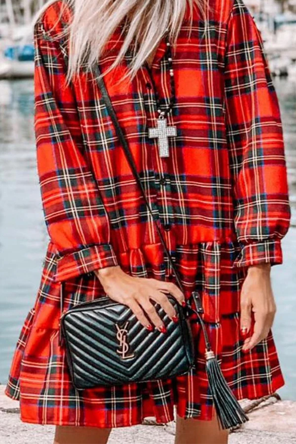 Casual Plaid Buckle Flounce Cake Skirt Dresses - Panekey
