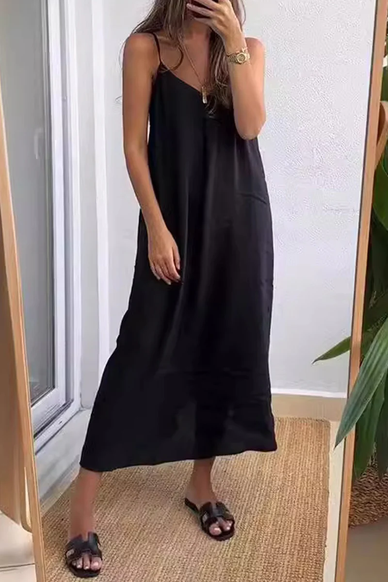 Casual Daily Solid Color V Neck Sling Dresses(7 Colors) - Panekey