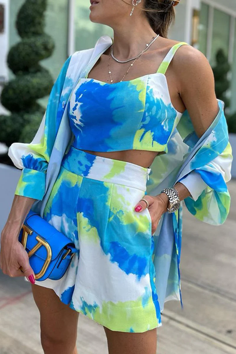 Casual Patchwork Tie-dye Turndown Collar Long Sleeve Three Pieces - Panekey