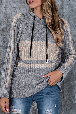 Casual Patchwork Draw String  Contrast Hooded Collar Tops - Panekey