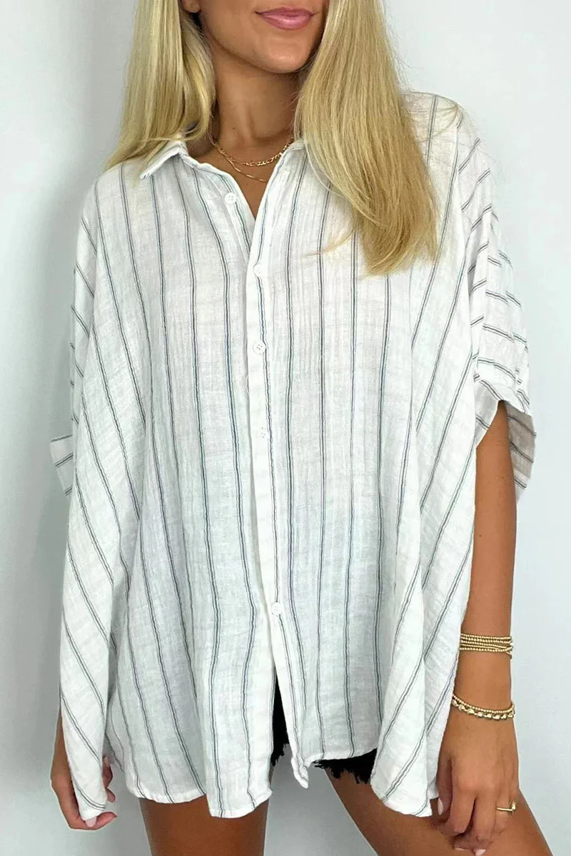 Casual Daily Stripe Buttons Turndown Collar Blouses(8 Colors) - Panekey