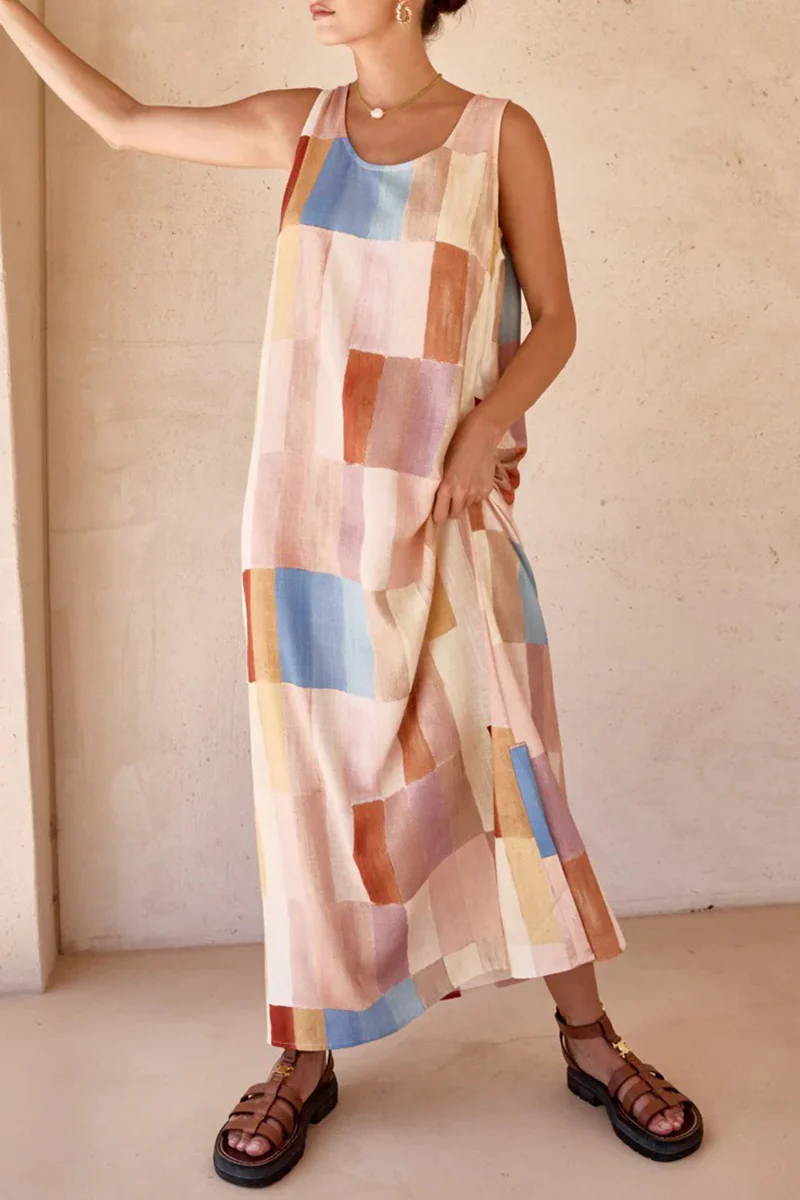 Casual Plaid Cardigan U Neck Sleeveless Dresses - Panekey