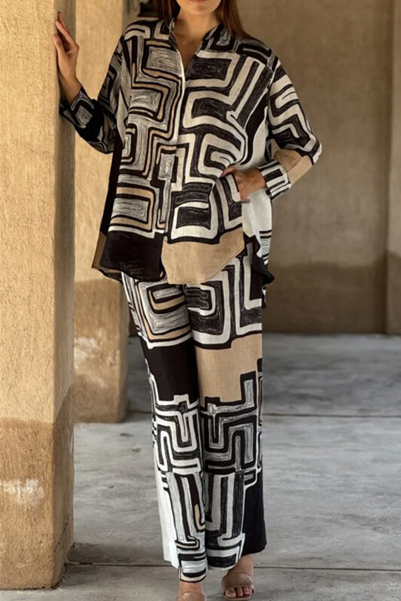 Casual Geometric Print Distressed Pocket Mandarin Collar Long Sleeve Two Pieces - Panekey