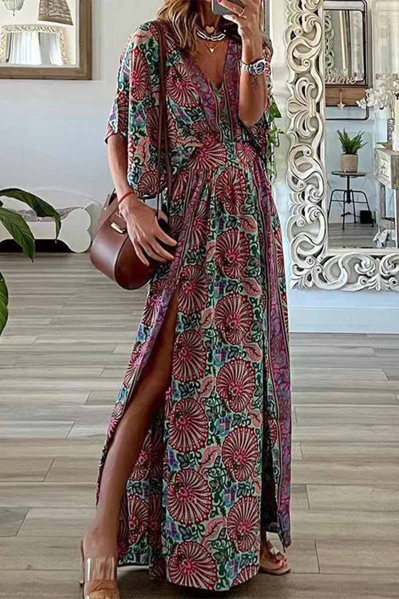 Bohemian Vintage Print Slit V Neck A Line Dresses - Panekey