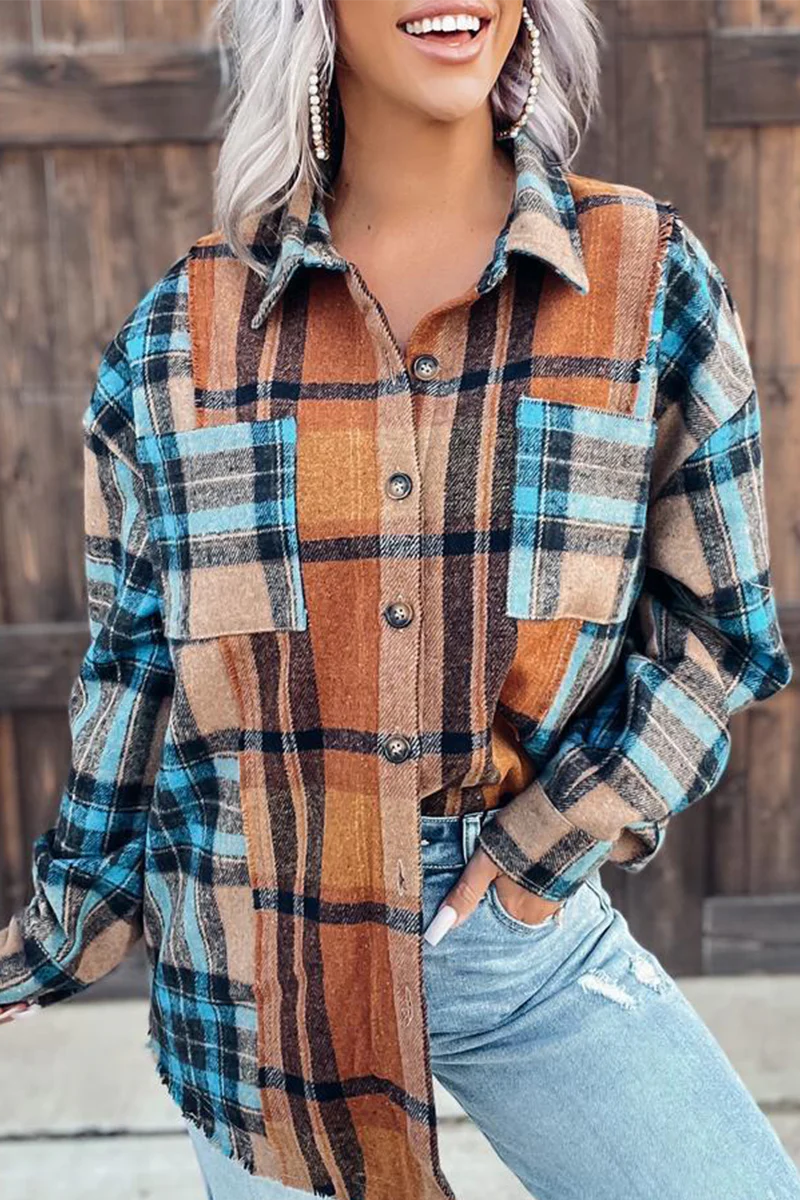 Casual Plaid Patchwork Turndown Collar Blouses - Panekey