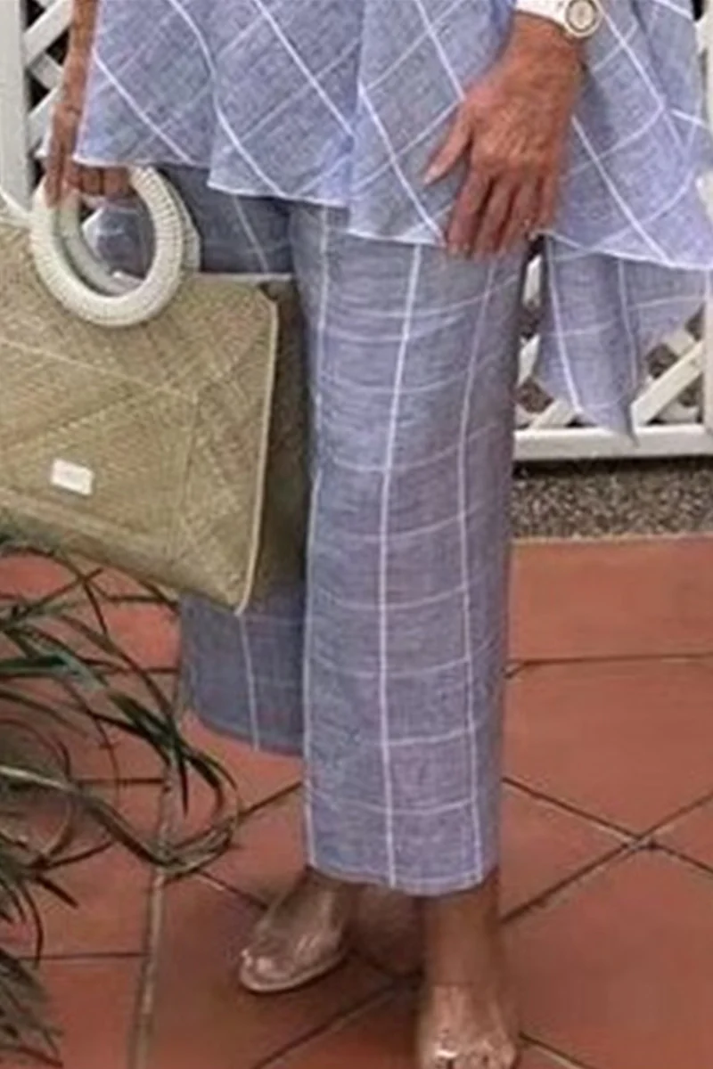 Casual Plaid Split Joint Straight Mid Waist Wide Leg Full Print Bottoms - Panekey